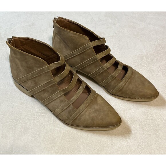 Mi.iM Suede Ankle Boots Size 8 1/2 Tan Brown Zipper Heel Pointed Toe 1" Heel - Picture 2 of 9